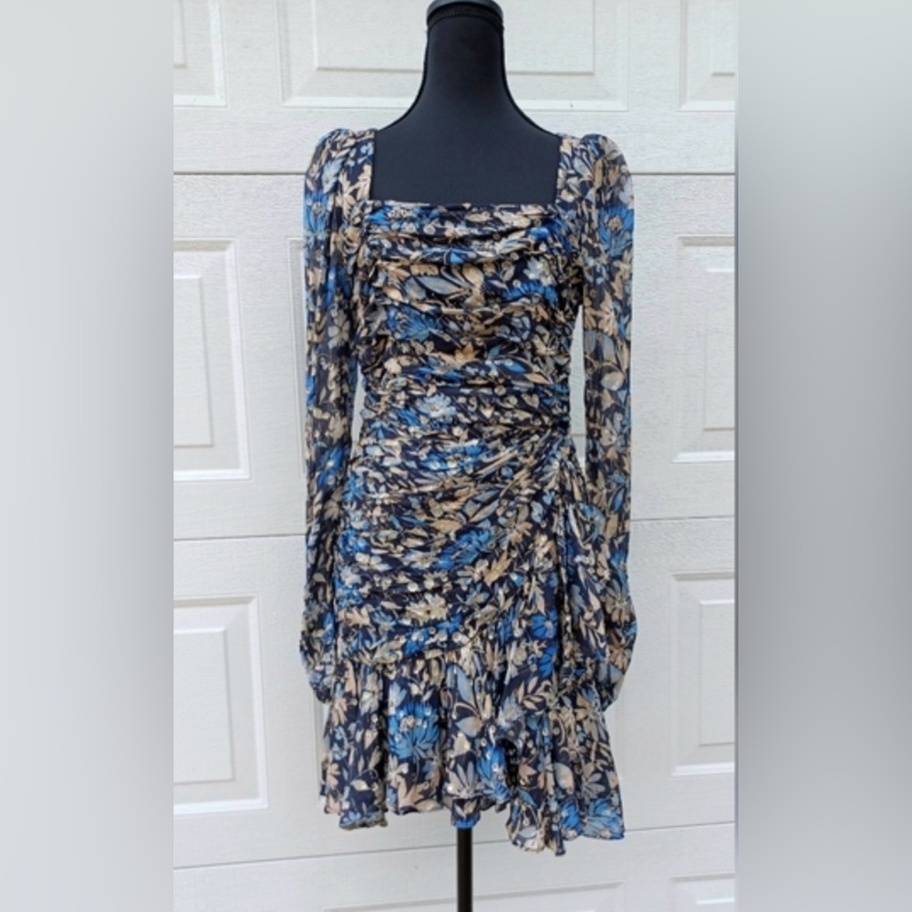 Monique Lhuillier Blue and Beige Metallic Floral Ruched Long-Sleeve Dress - Picture 5 of 8